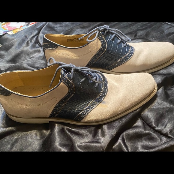 Size 13 STACY ADAMS mens laced loafers tan suede/navy gator - Picture 2 of 7